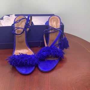 Aquazzura Wild Thing Fringe Heeled Sandals in Blue + dustbag & box.